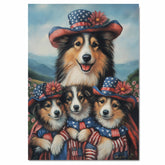 Mother Collie Dog and Three Puppies Wearing Patriotic Hats and American Flag Capes on Ready to Hang 1.5" Thick Canvas Wrap, Floating Framed Canvas, Flat Rolled Canvas